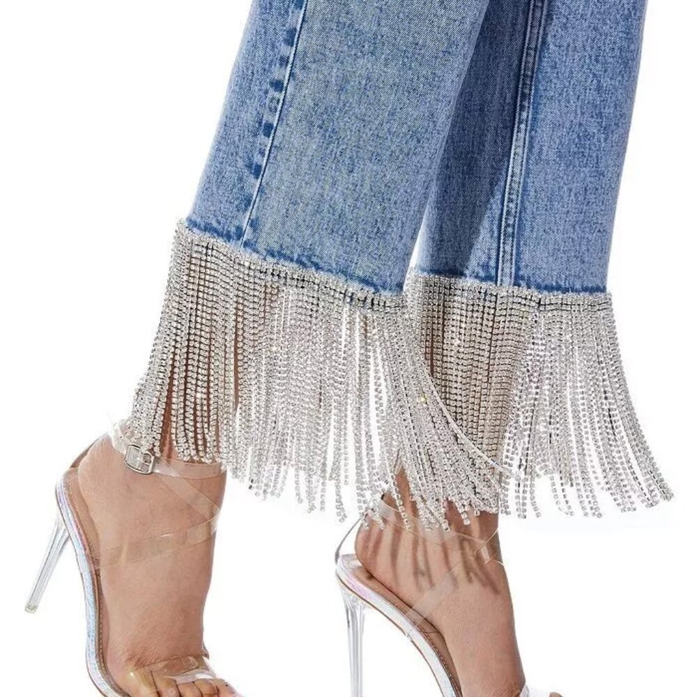 Alice + Olivia Boyfriend Rhinestone Jewel Fringe Trim Denim Wash Jeans 28 6